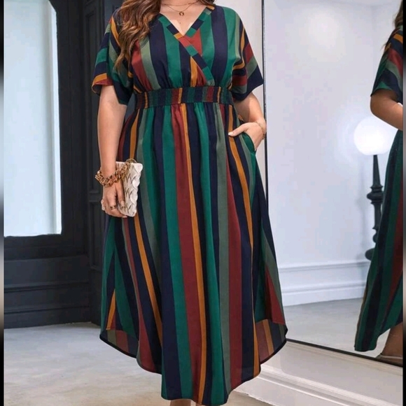 Plus Size Stripe Print Short Batwing Sleeve Pocket Maxi Dress Green - Picture 1 of 6